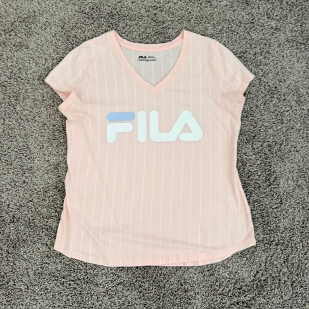 FILA Tee V-Neck Short Sleeve Pink Stripe Baseball-Style Athletic Women's Medium